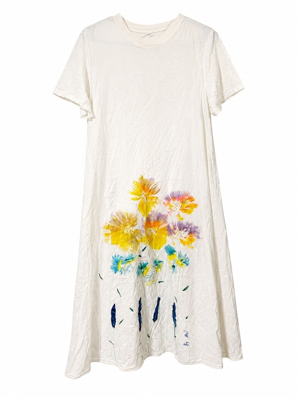 Uniqlo Cream Floral T-Shirt Dress with Yellow & Blue Blooms